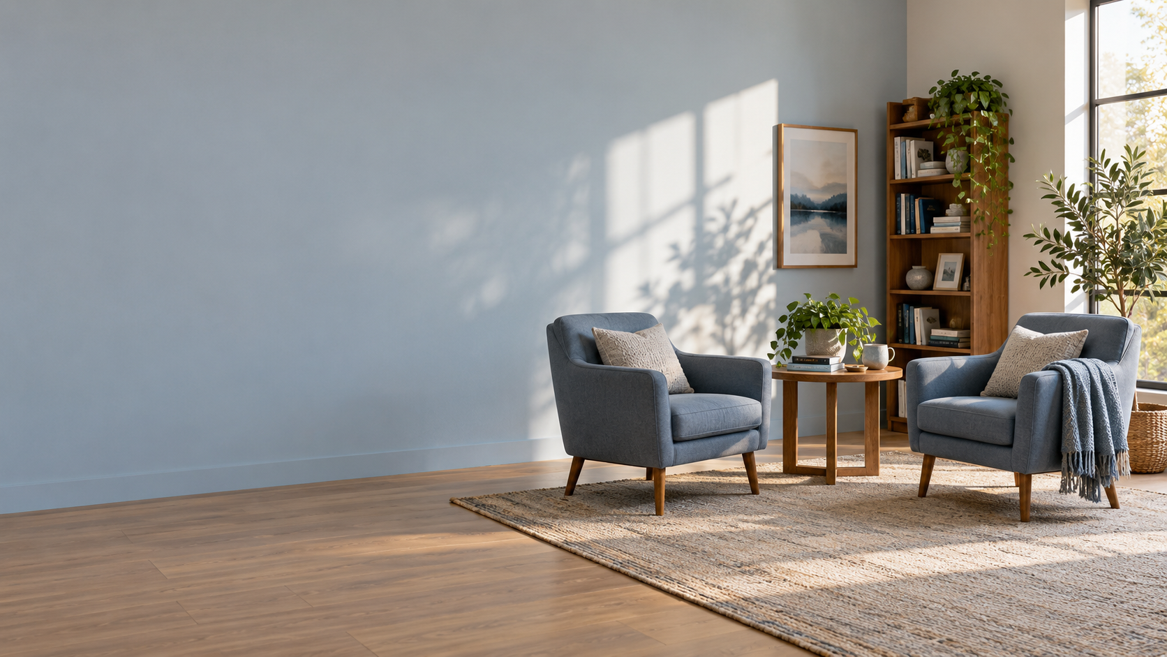 Ambiente acolhedor de psicoterapia, com duas poltronas e luz natural
