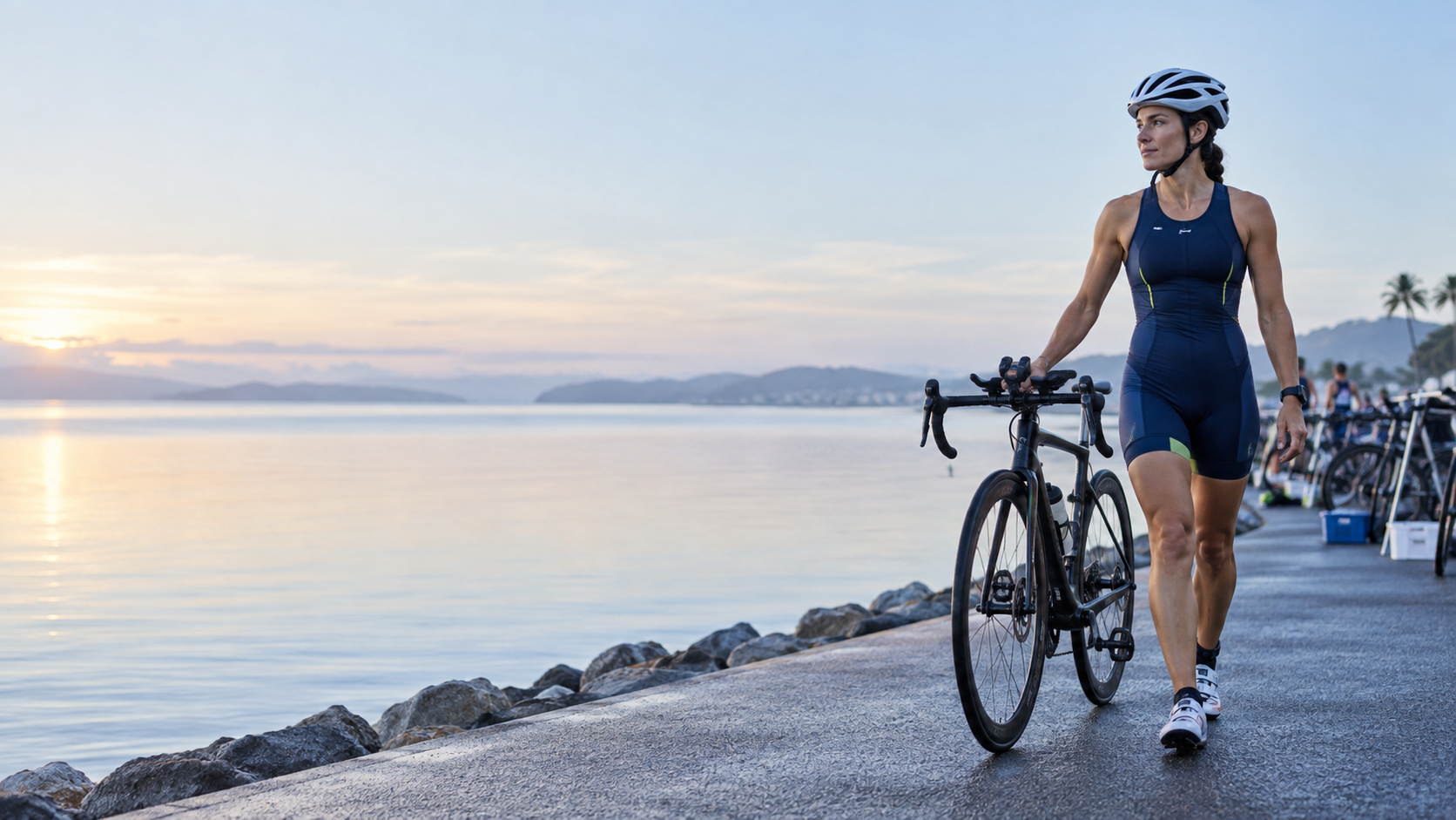 Triatleta com bicicleta junto à área de transição à beira-mar